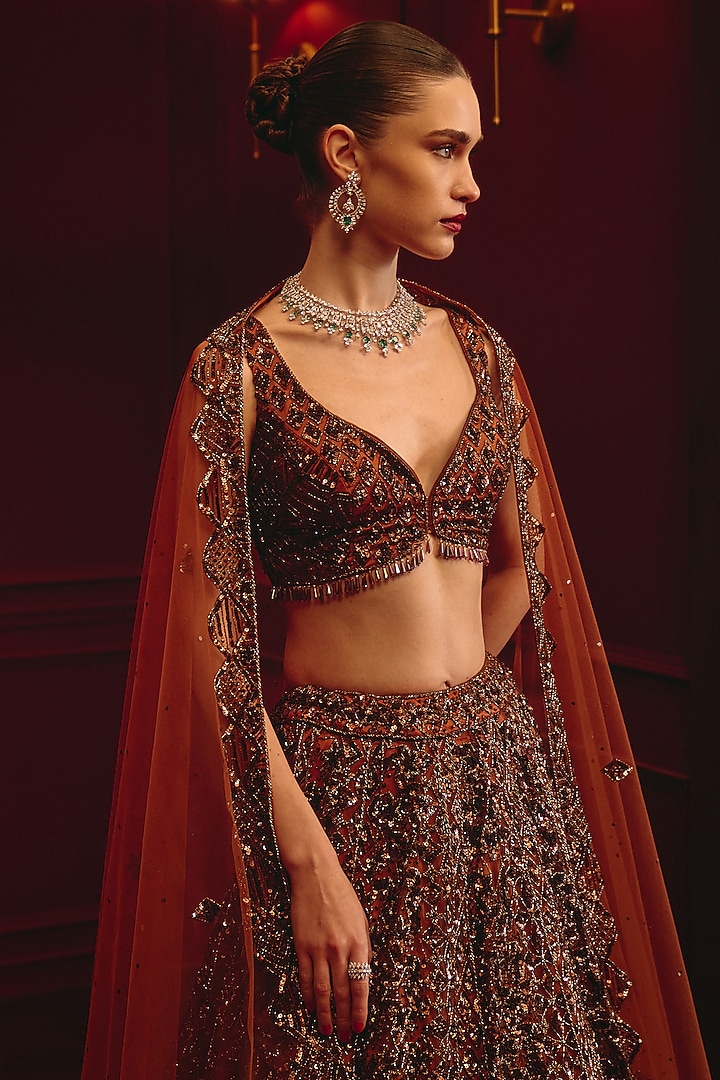 Brown Net Embroidered Bridal Lehenga Set by Angad Singh at Pernia's Pop Up Shop