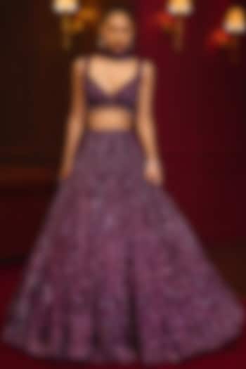 Royal Purple Soft Net Embroidered Bridal Lehenga Set by Angad Singh at Pernia's Pop Up Shop