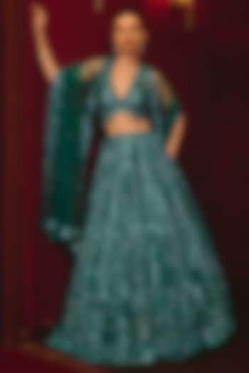 Cerulean Blue Net Embroidered Bridal Lehenga Set by Angad Singh at Pernia's Pop Up Shop