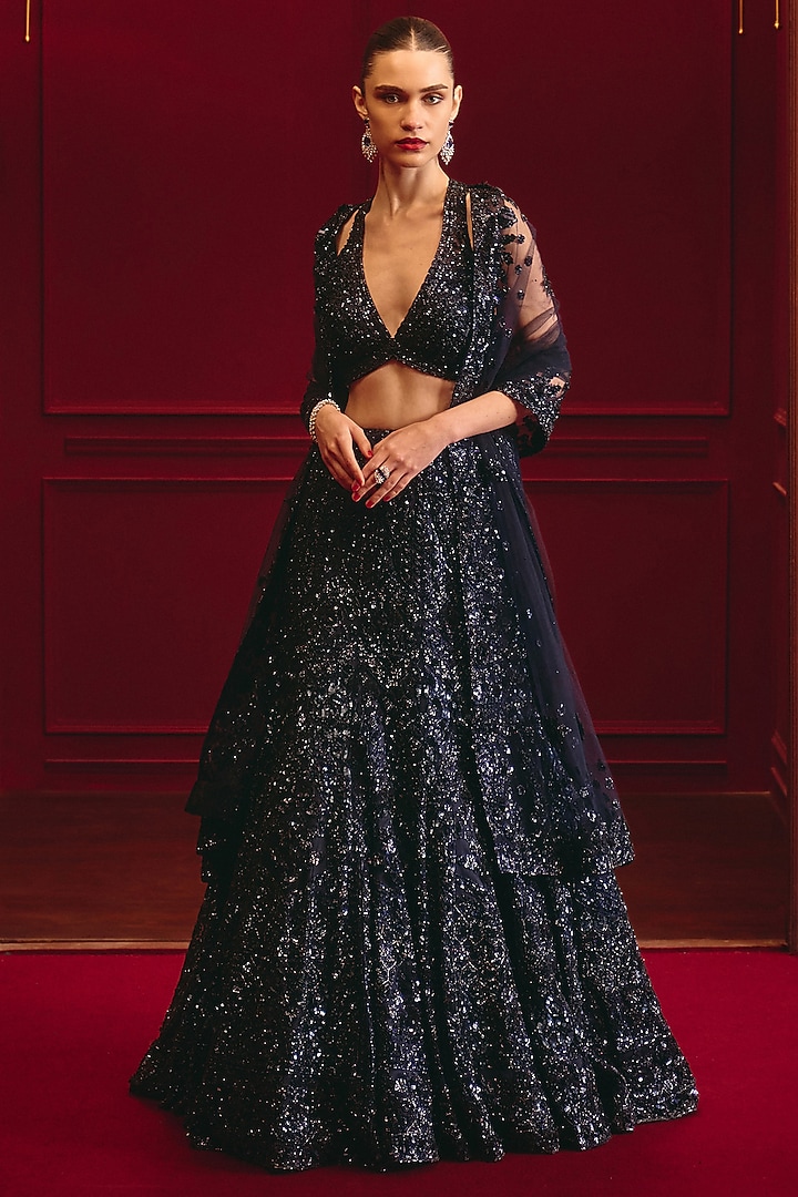 Midnight Blue Fluid Net Embroidered Bridal Lehenga Set by Angad Singh at Pernia's Pop Up Shop