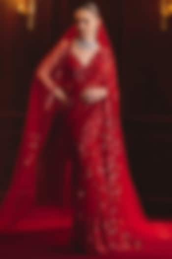Red Soft Net Embroidered Bridal Saree Set by Angad Singh at Pernia's Pop Up Shop