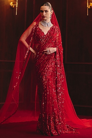 Red Soft Net Embroidered Saree Set by Angad Singh
