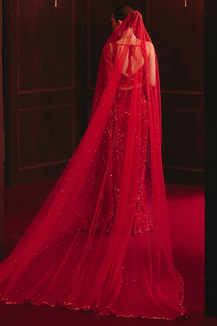 Red Soft Net Embroidered Bridal Saree Set by Angad Singh at Pernia's Pop Up Shop