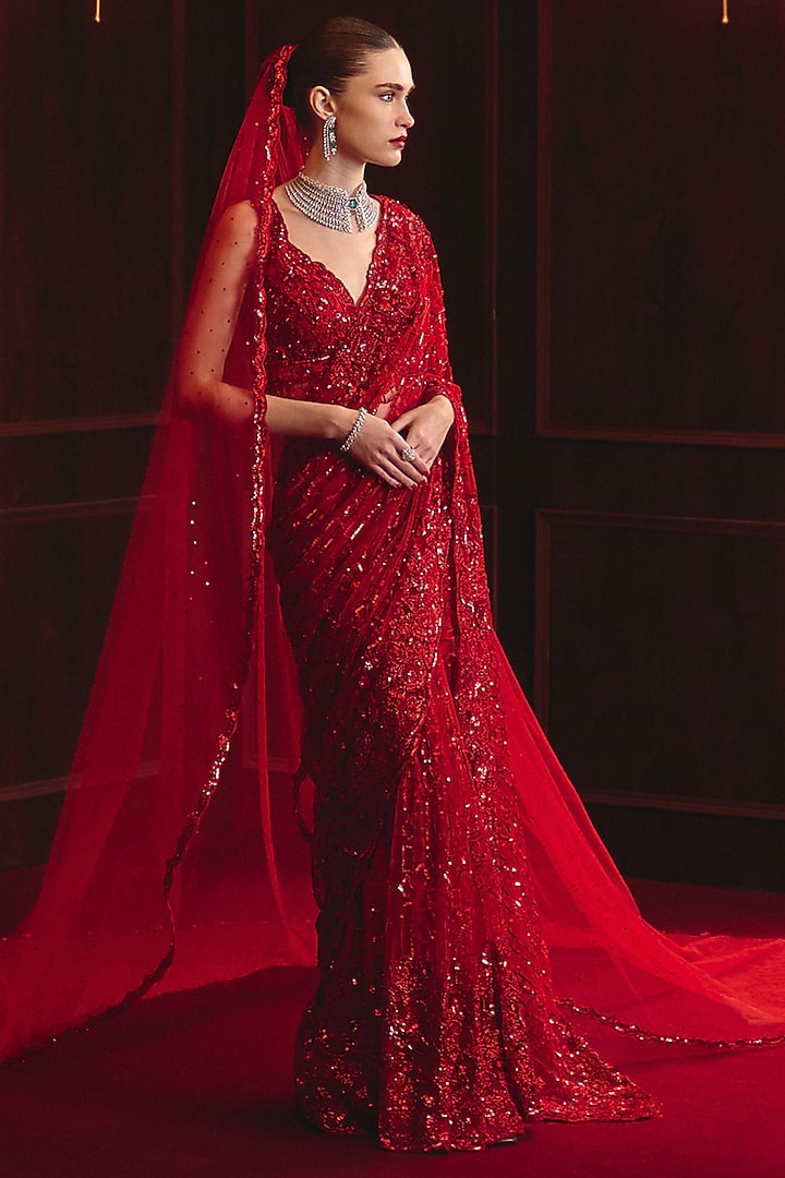 Red Soft Net Embroidered Bridal Saree Set by Angad Singh at Pernia's Pop Up Shop