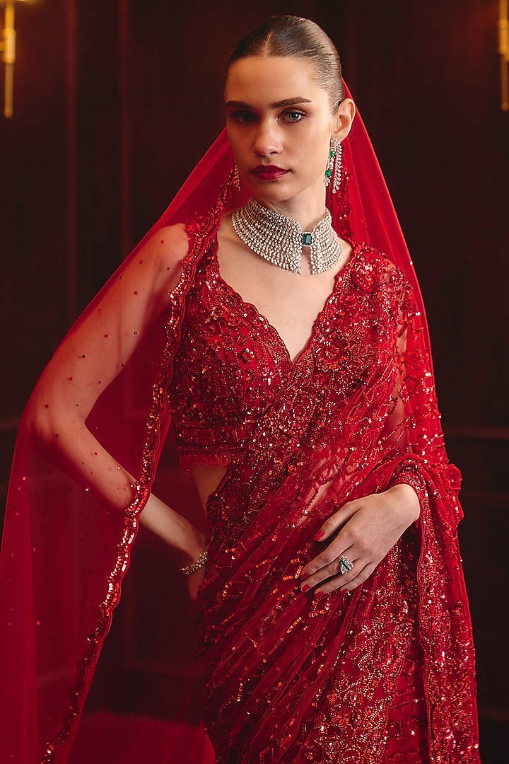 Red Soft Net Embroidered Bridal Saree Set by Angad Singh at Pernia's Pop Up Shop