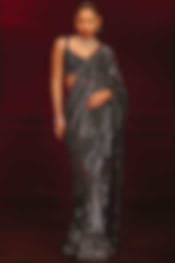 Black Net Embroidered Bridal Saree Set by Angad Singh at Pernia's Pop Up Shop