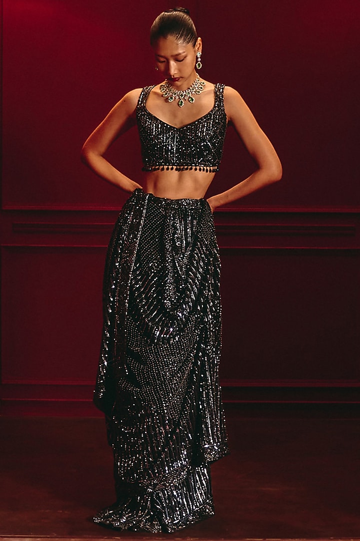 Black Net Embroidered Bridal Saree Set by Angad Singh at Pernia's Pop Up Shop