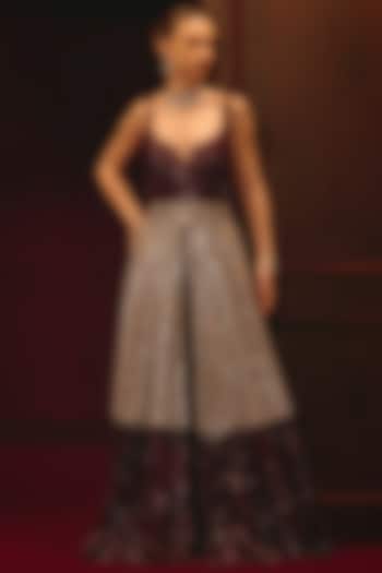 Crimson Net Embroidered Bridal Gown With Pants by Angad Singh at Pernia's Pop Up Shop