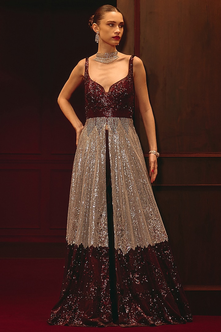 Crimson Net Embroidered Bridal Gown With Pants by Angad Singh at Pernia's Pop Up Shop