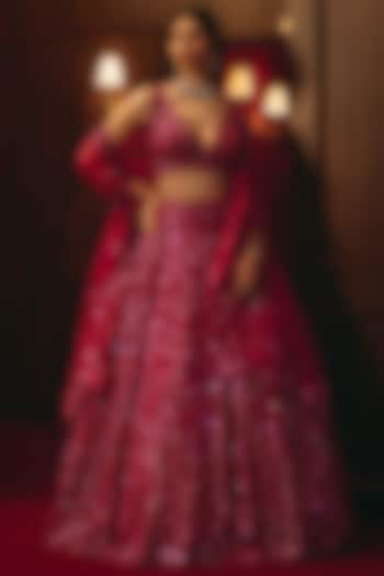 Deep Rose Soft Net Embroidered Bridal Lehenga Set by Angad Singh at Pernia's Pop Up Shop