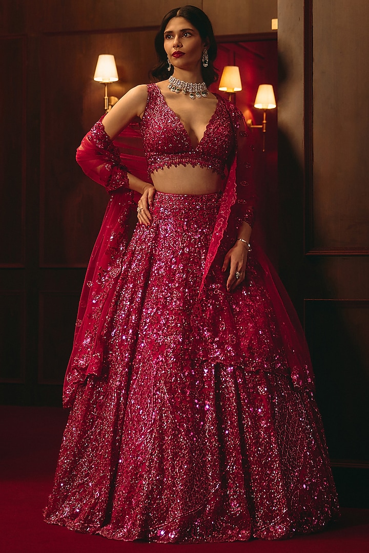 Deep Rose Soft Net Embroidered Bridal Lehenga Set by Angad Singh at Pernia's Pop Up Shop