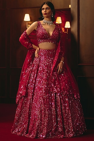 Deep Rose Soft Net Embroidered Lehenga Set by Angad Singh