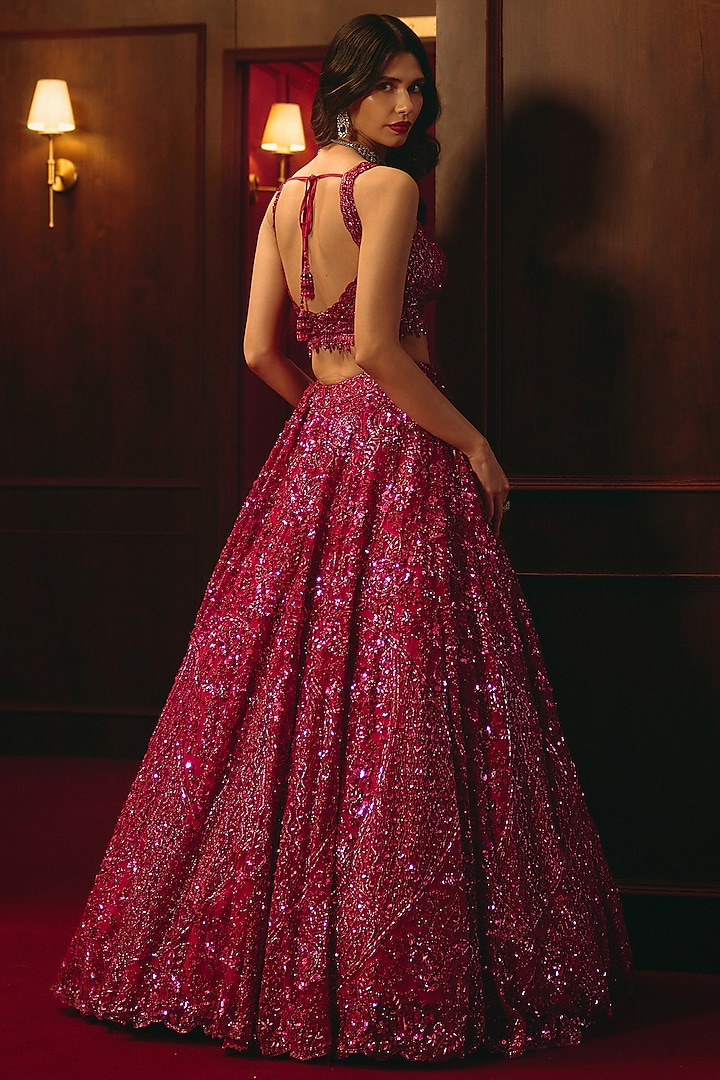 Deep Rose Soft Net Embroidered Bridal Lehenga Set by Angad Singh at Pernia's Pop Up Shop