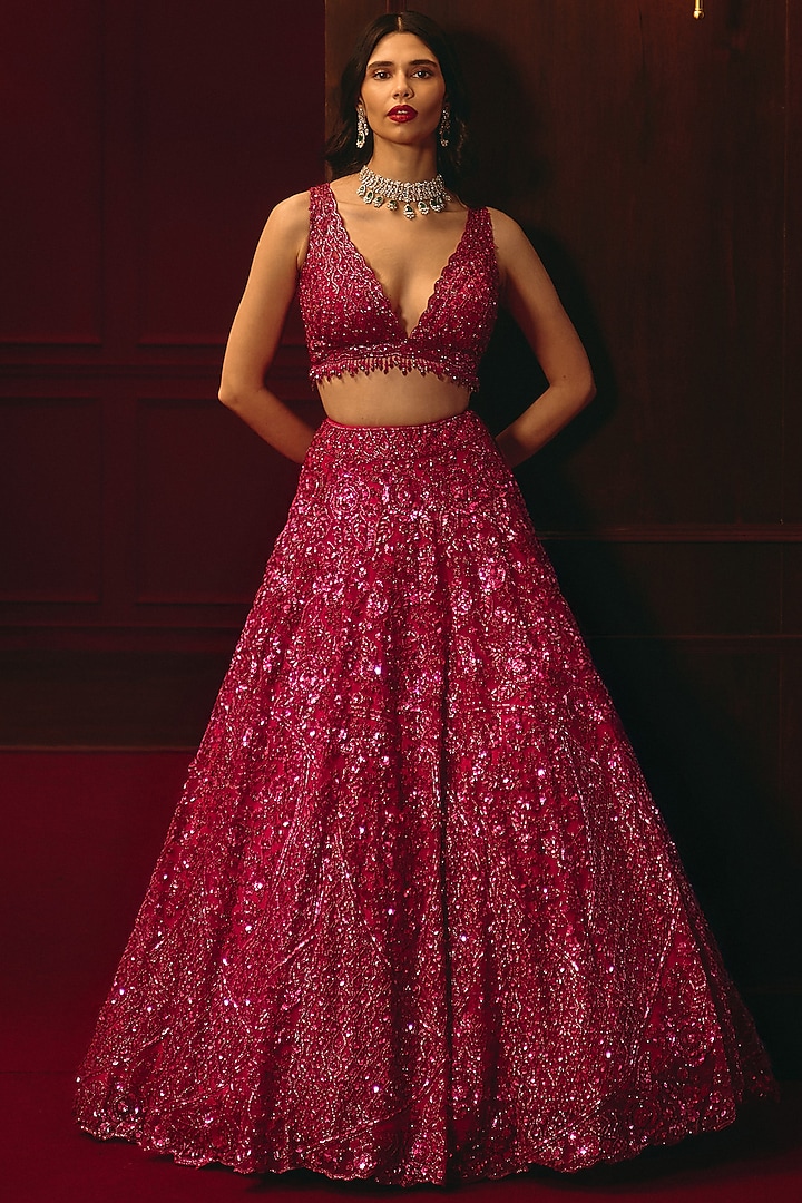 Deep Rose Soft Net Embroidered Bridal Lehenga Set by Angad Singh at Pernia's Pop Up Shop
