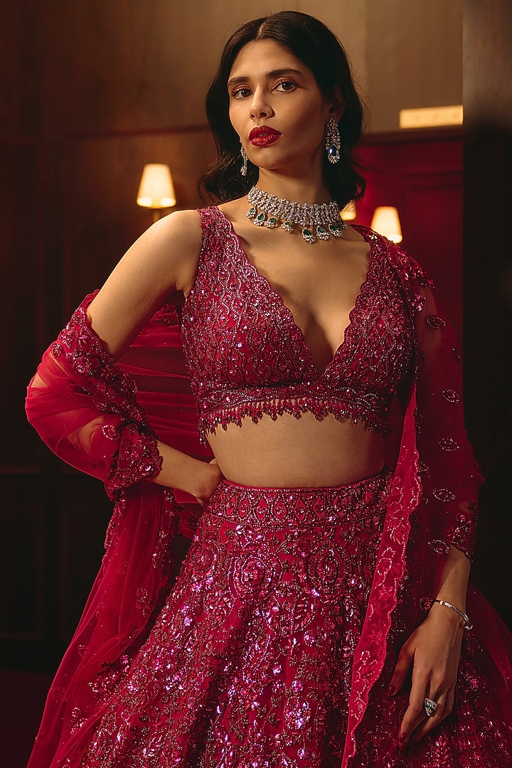 Deep Rose Soft Net Embroidered Bridal Lehenga Set by Angad Singh at Pernia's Pop Up Shop