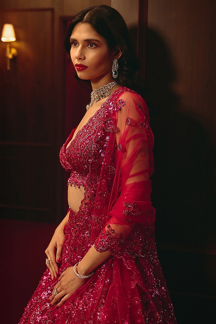 Deep Rose Soft Net Embroidered Bridal Lehenga Set by Angad Singh at Pernia's Pop Up Shop