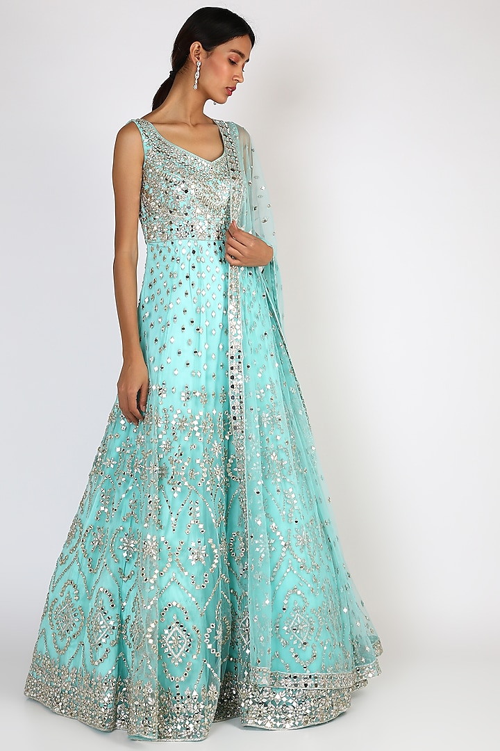 Firozi Blue Embroidered Gown With Dupatta by Angad Singh