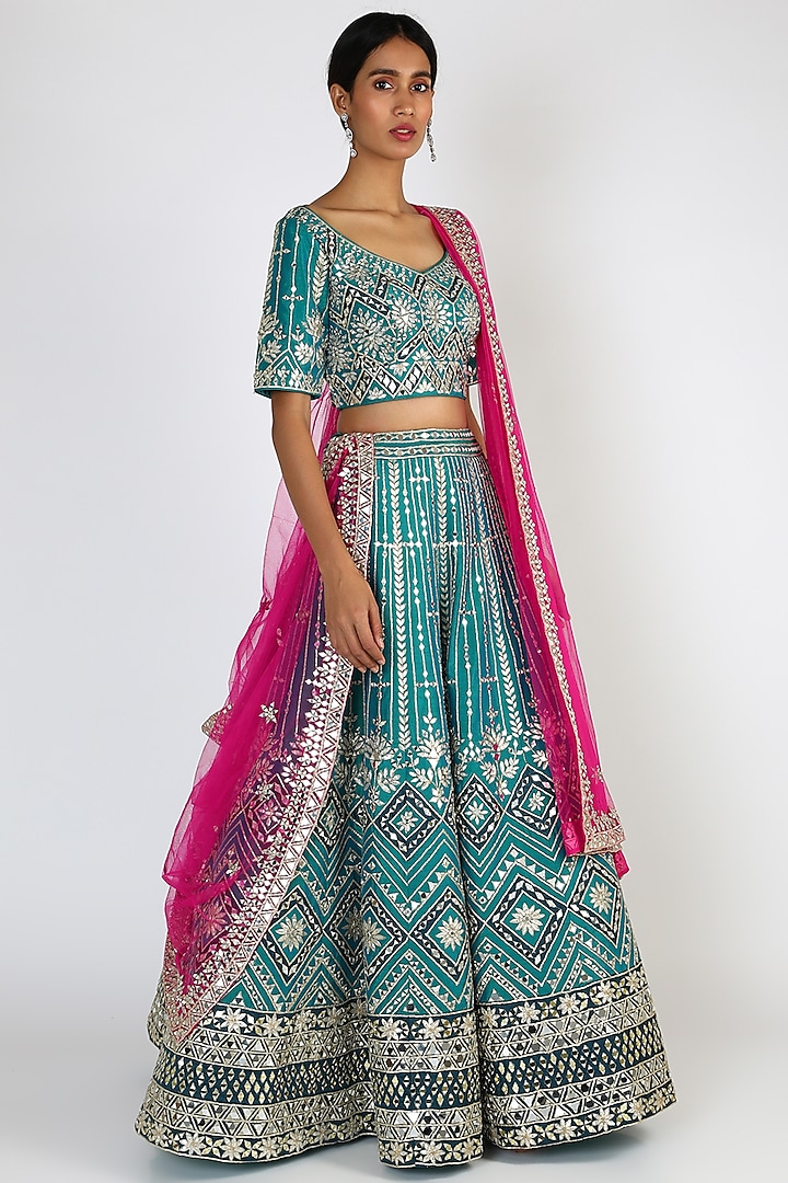 Peacock Blue Raw Silk Embroidered Lehenga Set Design by Angad Singh at ...