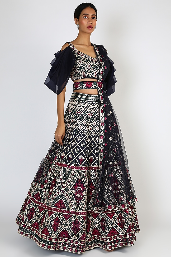 Midnight Blue Organza Embroidered Lehenga Set by Angad Singh