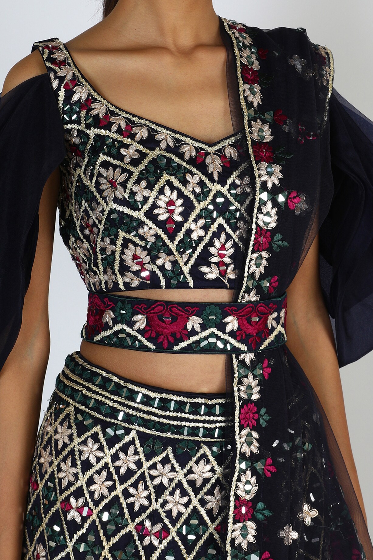 Midnight Blue Organza Resham And Sequin Embroidered Dupatta Cape And Skirt