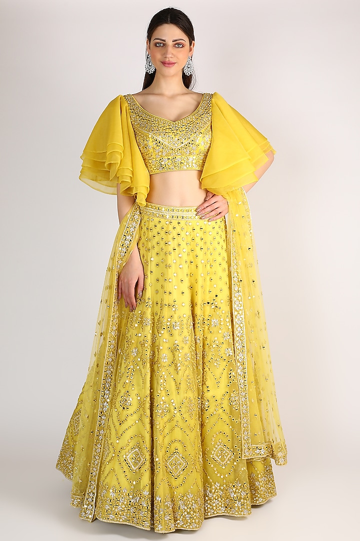 Bright Yellow Organza Embroidered Lehenga Set by Angad Singh