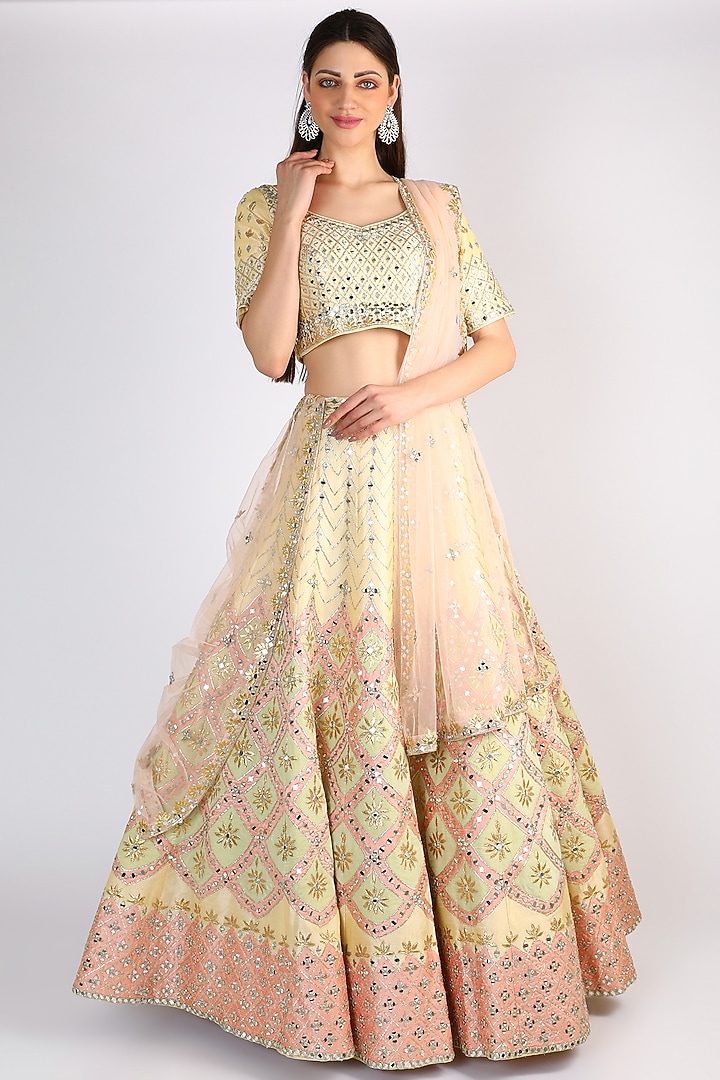 Light Lemon Raw Silk Yellow Embroidered Wedding Lehenga Set by Angad Singh at Pernia's Pop Up Shop