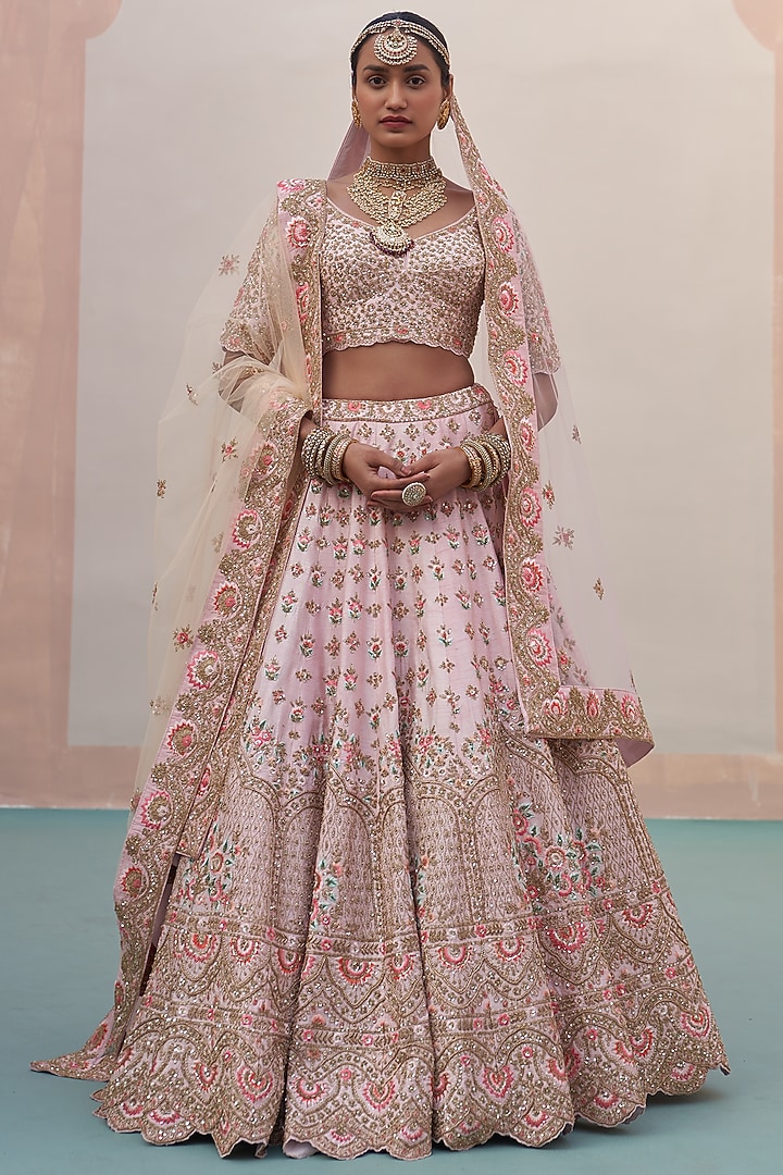 Blush Pink Raw Silk Silk Thread Embroidered Wedding Lehenga Set  by Angad Singh at Pernia's Pop Up Shop