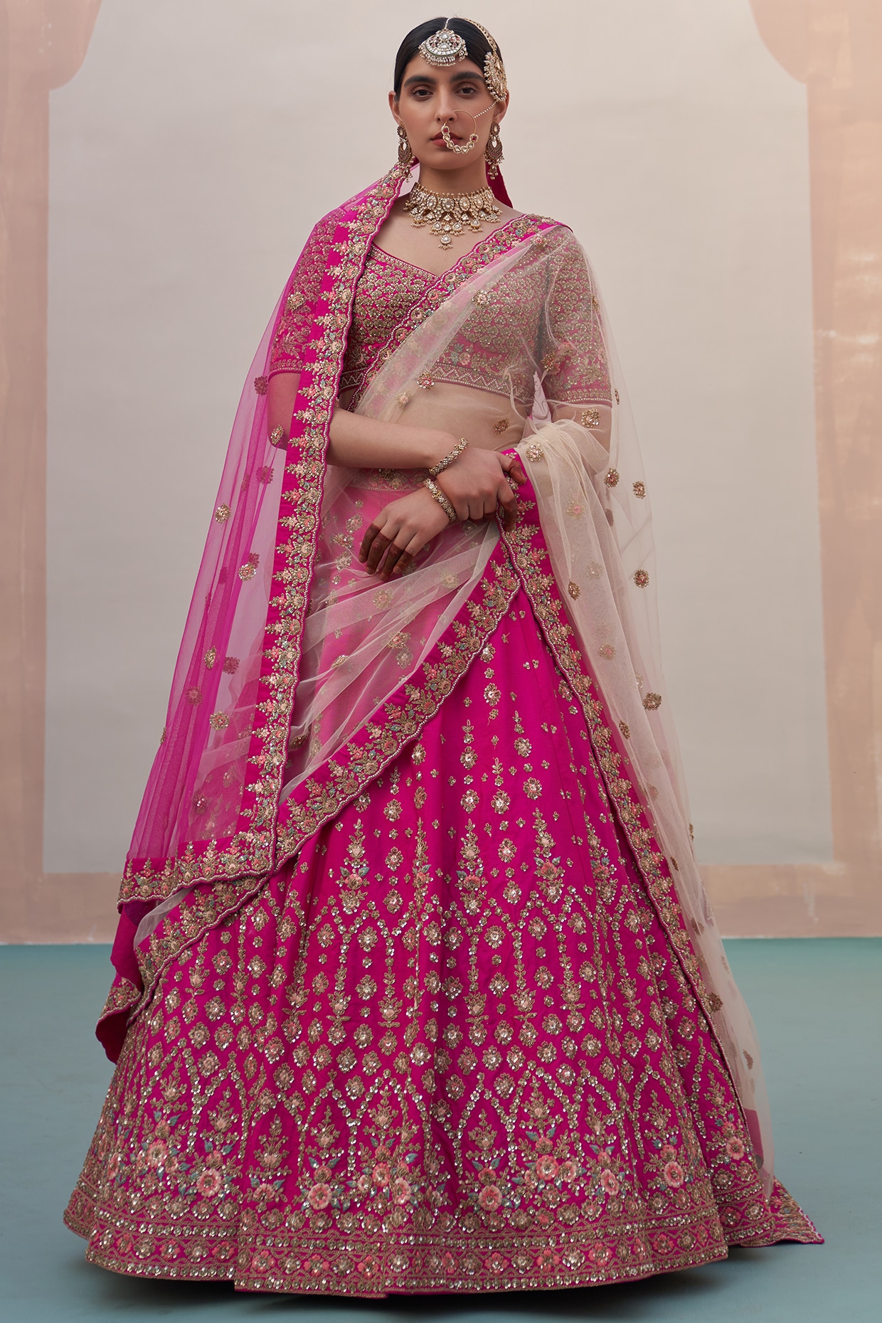 Hot Pink Silk Bridal Wedding Lehenga Choli With Khatli Work Heavy Embr