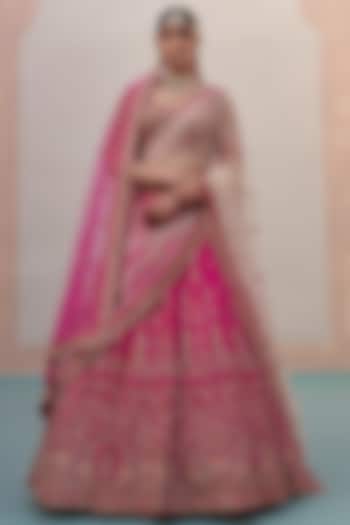 Rani Pink Raw Silk Thread Embroidered Wedding Lehenga Set  by Angad Singh at Pernia's Pop Up Shop