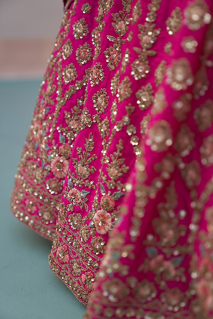 Rani Pink Raw Silk Thread Embroidered Wedding Lehenga Set by Angad Singh at Pernia's Pop Up Shop