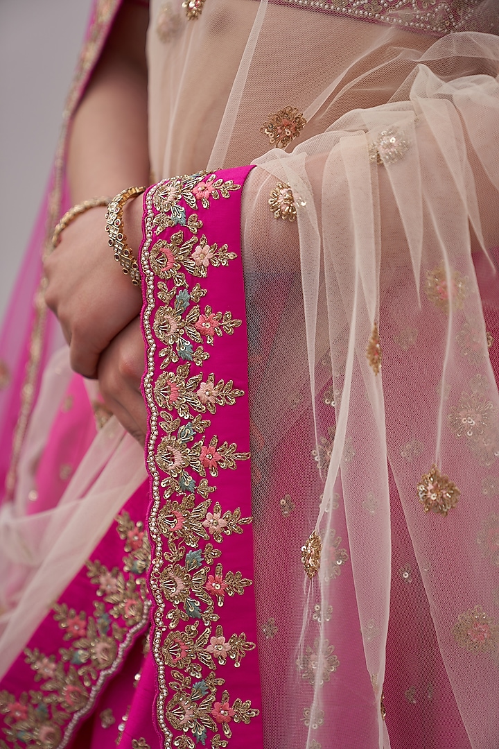 Rani Pink Raw Silk Thread Embroidered Wedding Lehenga Set by Angad Singh at Pernia's Pop Up Shop