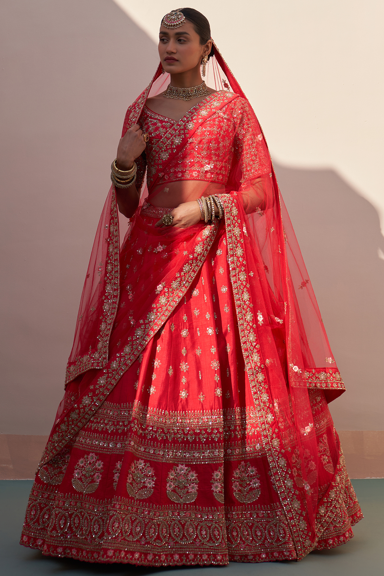 Red Raw Silk Thread Embroidered Lehenga Set  by Angad Singh