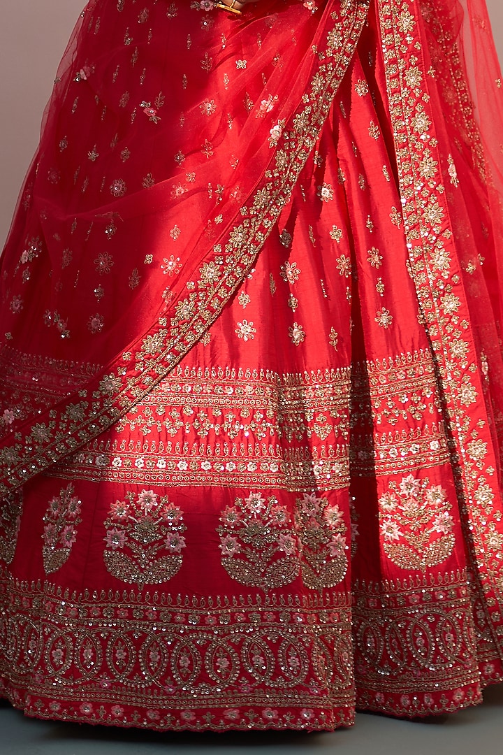 Red Raw Silk Thread Embroidered Wedding Lehenga Set by Angad Singh at Pernia's Pop Up Shop