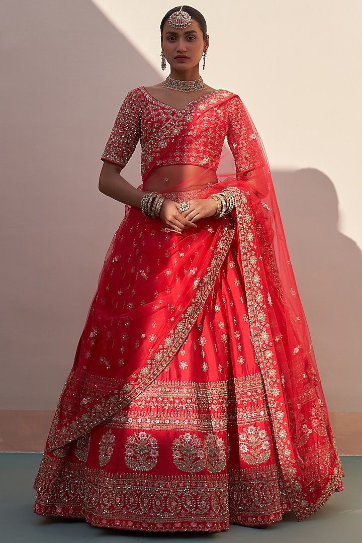 Red Raw Silk Thread Embroidered Wedding Lehenga Set by Angad Singh at Pernia's Pop Up Shop