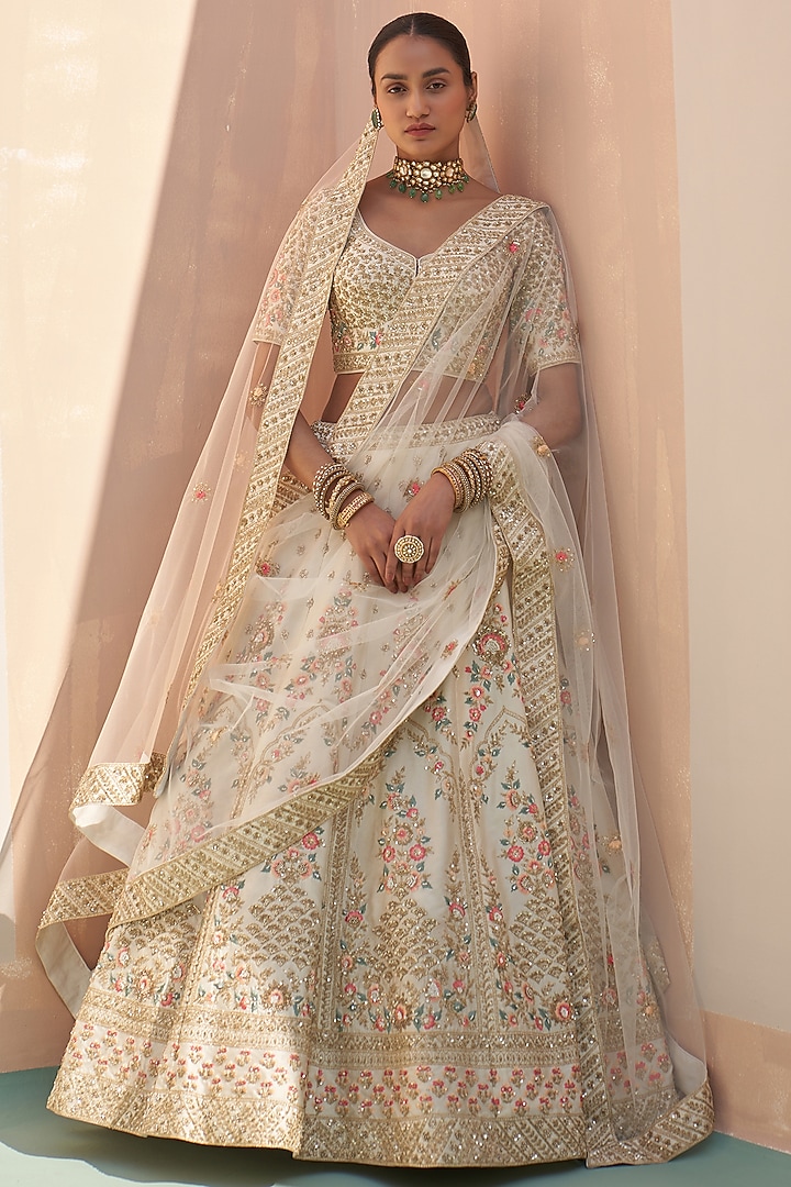 Ivory Raw Silk Thread Embroidered Wedding Lehenga Set  by Angad Singh at Pernia's Pop Up Shop