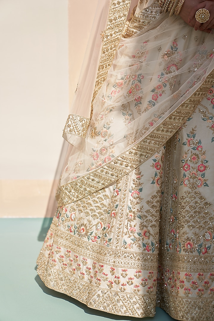 Ivory Raw Silk Thread Embroidered Wedding Lehenga Set by Angad Singh at Pernia's Pop Up Shop