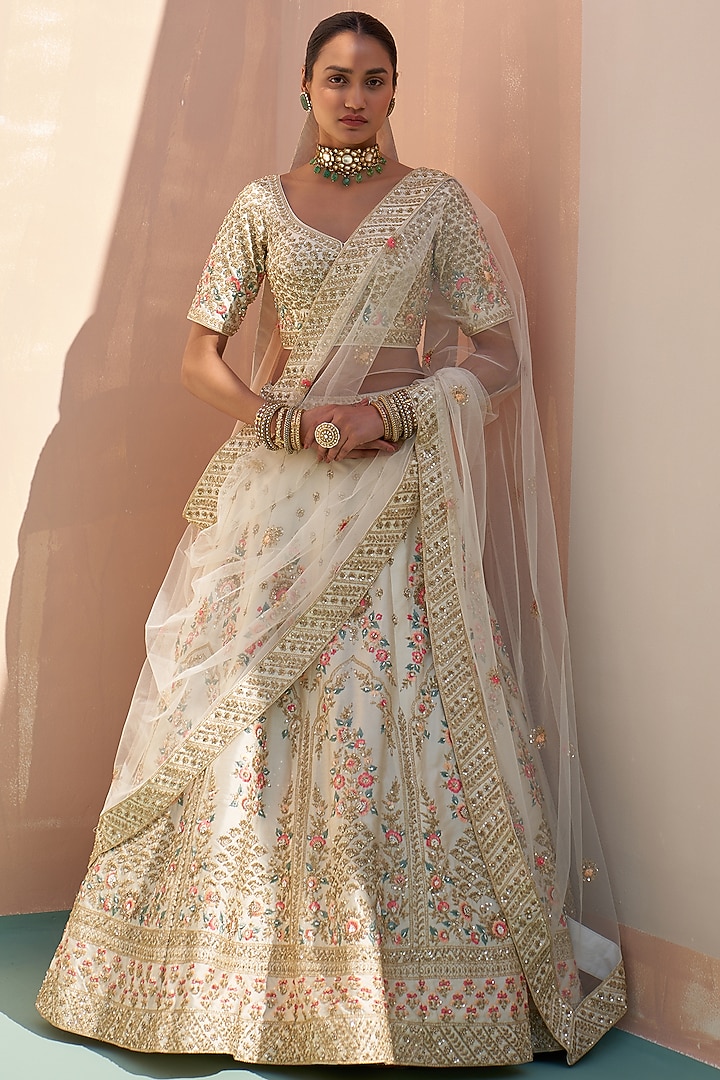 Ivory Raw Silk Thread Embroidered Wedding Lehenga Set by Angad Singh at Pernia's Pop Up Shop