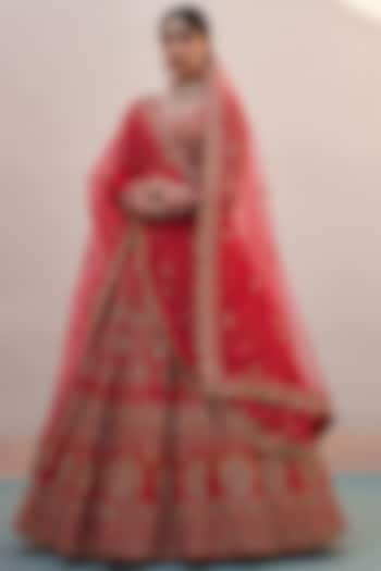 Red Raw Silk Thread Embroidered Wedding Lehenga Set  by Angad Singh at Pernia's Pop Up Shop