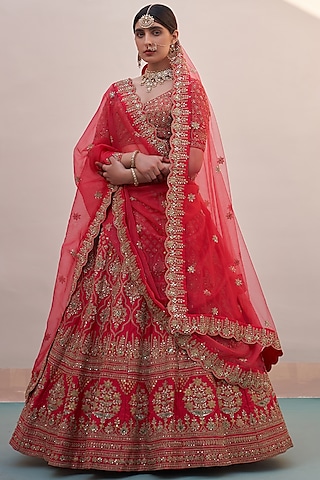 Red Raw Silk Thread Embroidered Lehenga Set  by Angad Singh