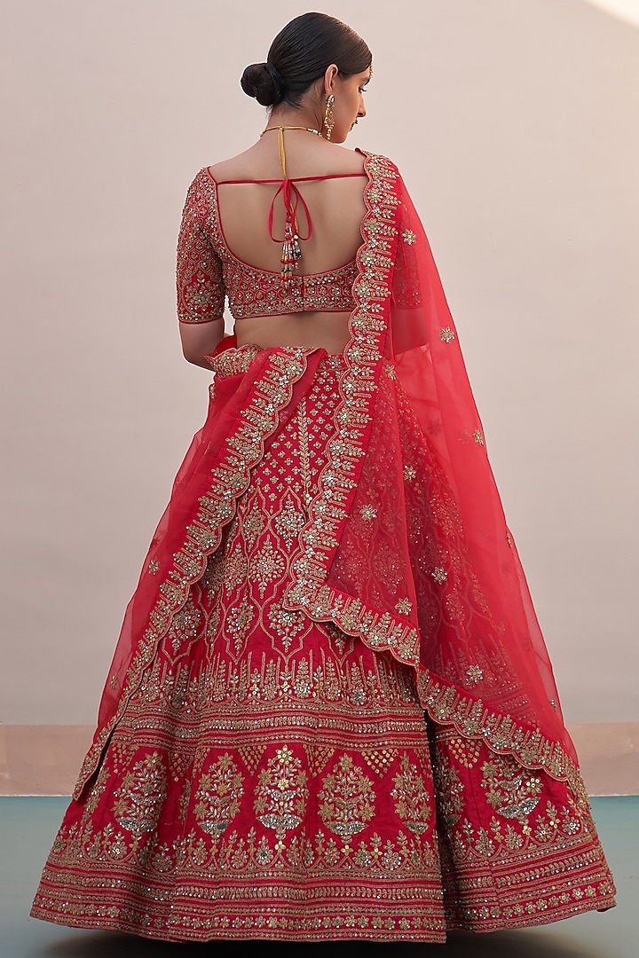 Red Raw Silk Thread Embroidered Wedding Lehenga Set by Angad Singh at Pernia's Pop Up Shop