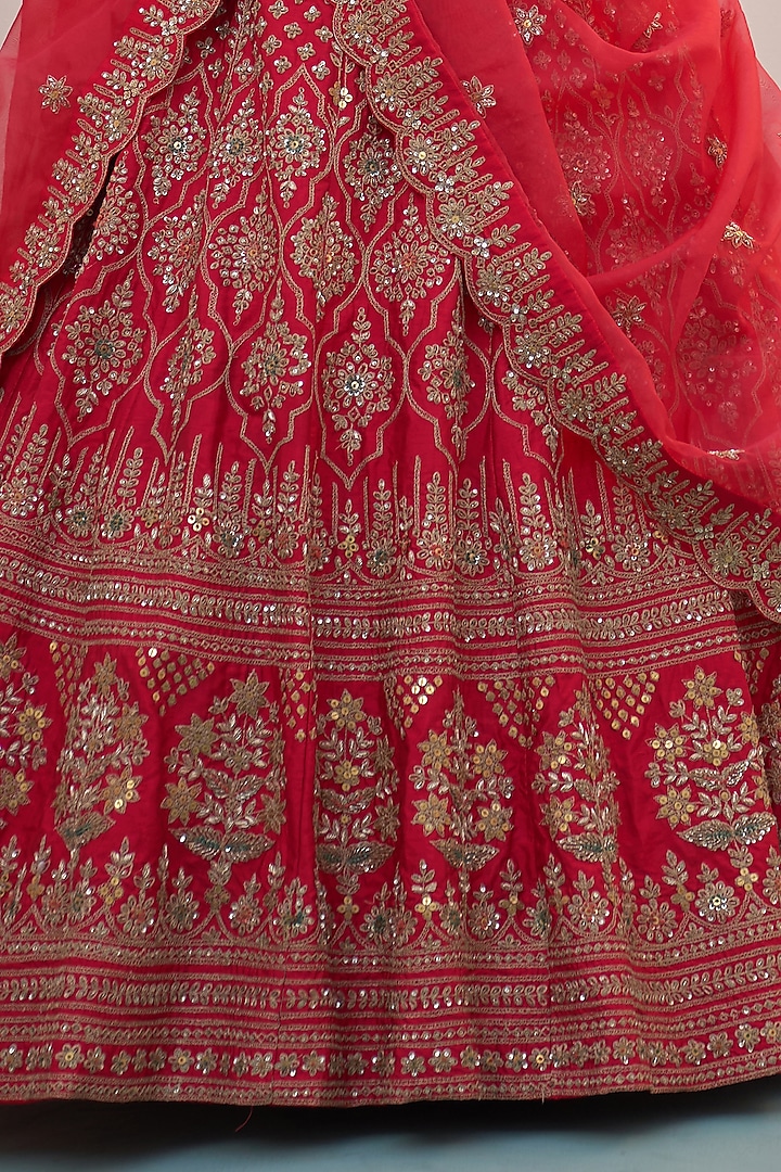 Red Raw Silk Thread Embroidered Wedding Lehenga Set by Angad Singh at Pernia's Pop Up Shop