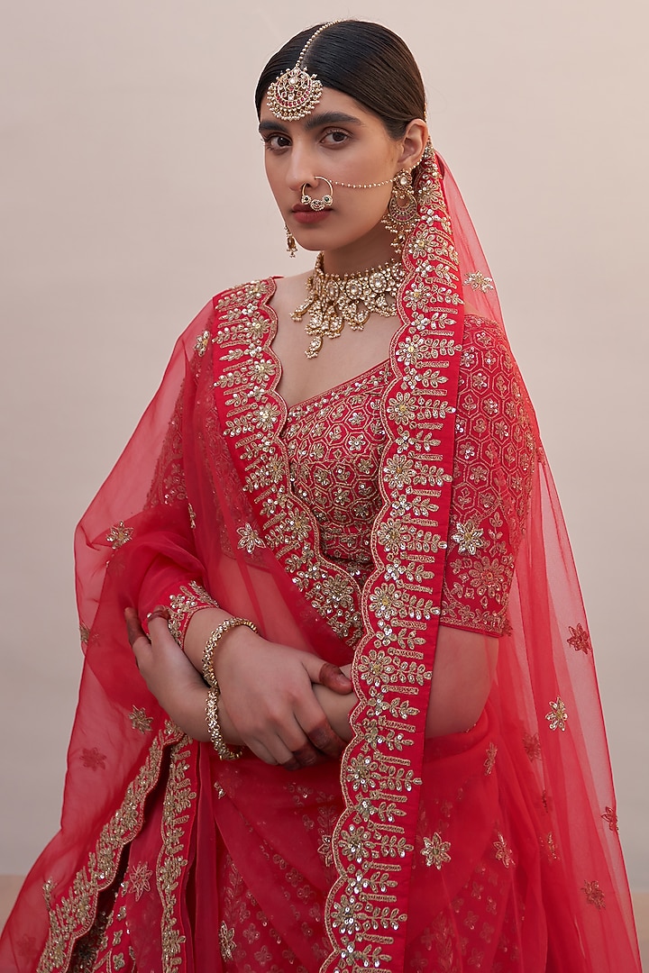 Red Raw Silk Thread Embroidered Wedding Lehenga Set by Angad Singh at Pernia's Pop Up Shop