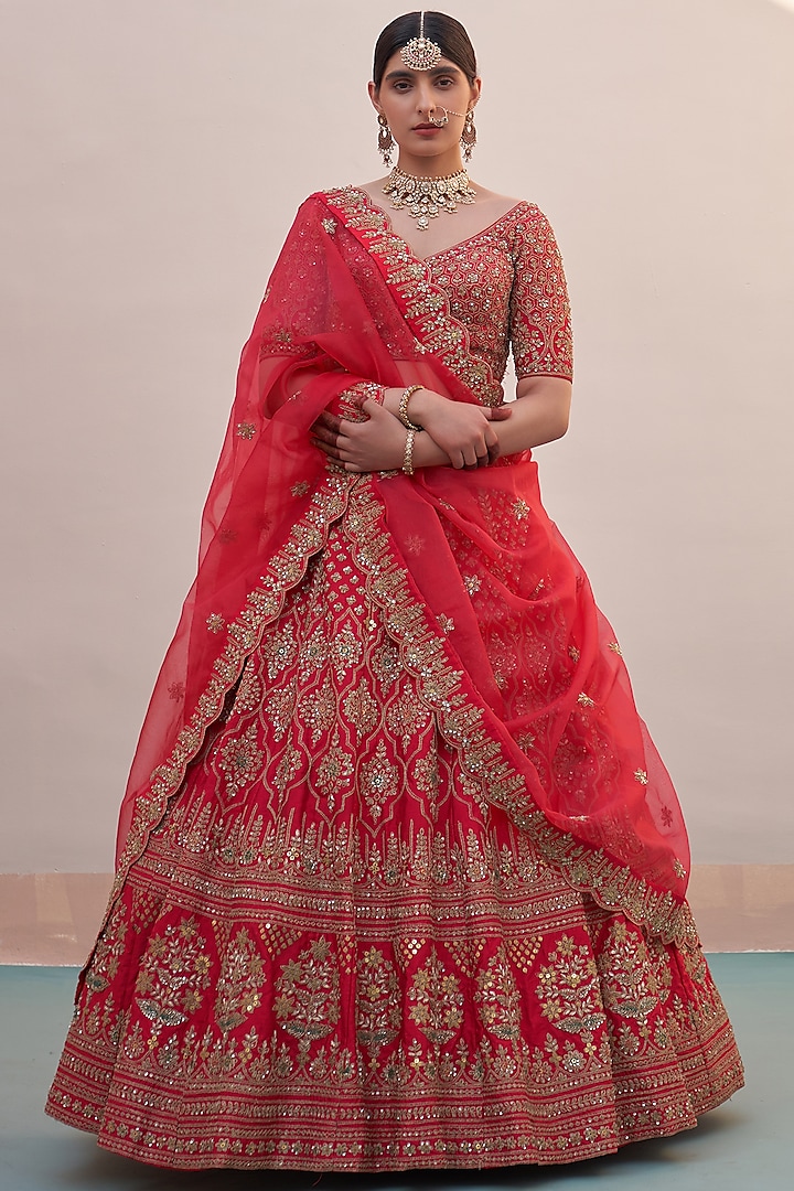 Red Raw Silk Thread Embroidered Wedding Lehenga Set by Angad Singh at Pernia's Pop Up Shop