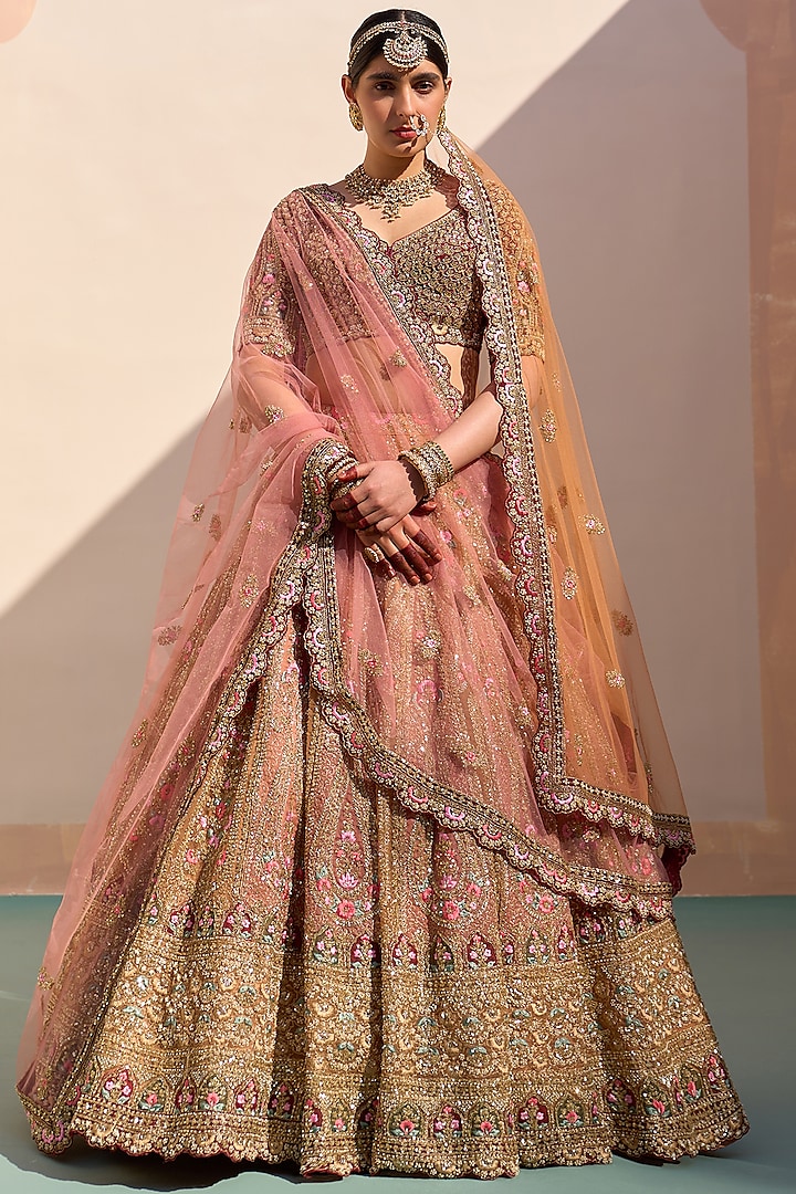 Mustard Organza Applique Embroidered Lehenga Set  by Angad Singh
