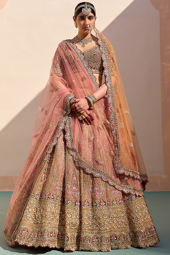 Mustard Organza Applique Embroidered Wedding Lehenga Set  by Angad Singh at Pernia's Pop Up Shop