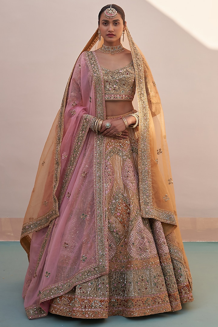 Gold Organza Applique Embroidered Wedding Lehenga Set  by Angad Singh at Pernia's Pop Up Shop