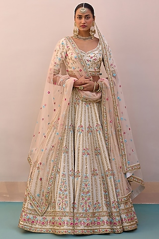 Ivory Raw Silk Applique Embroidered Lehenga Set  by Angad Singh