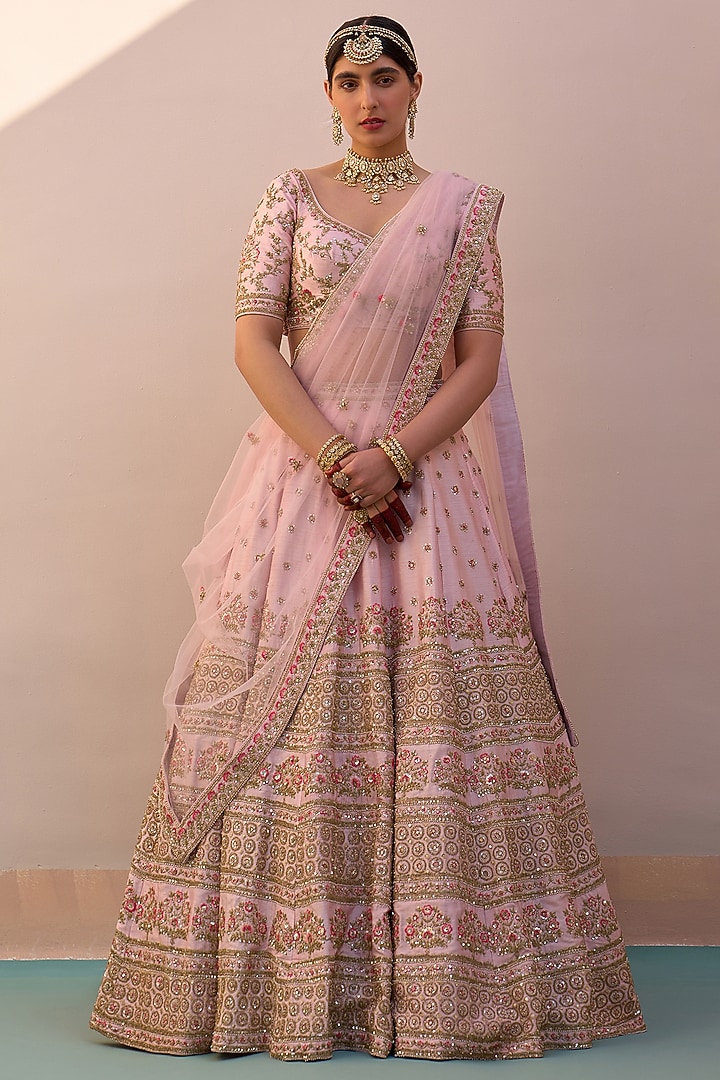 Blush Pink Raw Silk zardosi Embroidered Bridal Lehenga Set by Angad Singh at Pernia's Pop Up Shop
