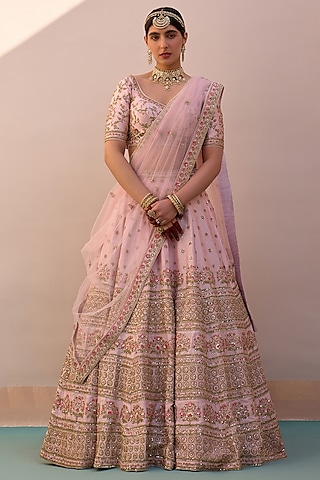 Blush Pink Raw Silk zardosi Embroidered Lehenga Set  by Angad Singh
