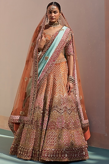 Rust Raw Silk Applique mbroidered Bridal Lehenga Set  by Angad Singh at Pernia's Pop Up Shop